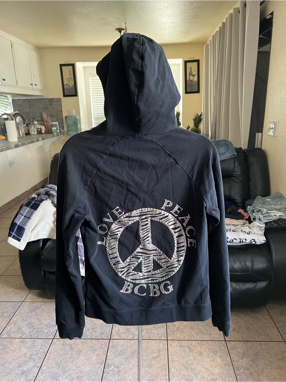 Y2K BCBG Black Hoodie with Peace Sign and Zebra Accent
